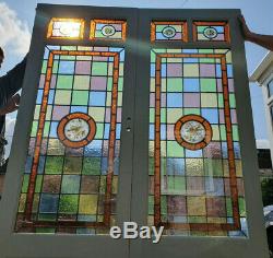 Pair of French Doors with Leaded Glass Panels with Painted Stained Glass