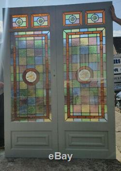 Pair of French Doors with Leaded Glass Panels with Painted Stained Glass