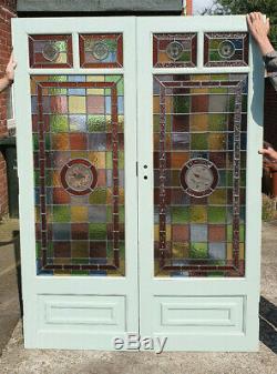 Pair of French Doors with Leaded Glass Panels with Painted Stained Glass
