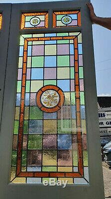 Pair of French Doors with Leaded Glass Panels with Painted Stained Glass