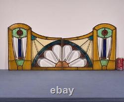 Pair of Vintage French Art Deco Stained Glass Panels with Copper Frames