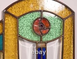 Pair of Vintage French Art Deco Stained Glass Panels with Copper Frames