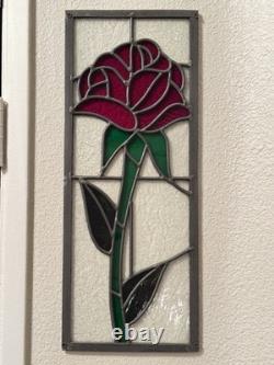 Pair of Vintage Stained Glass Rose Panels Matching Set of 2 Handmade 1970s