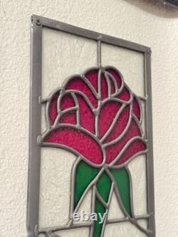 Pair of Vintage Stained Glass Rose Panels Matching Set of 2 Handmade 1970s