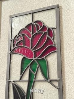 Pair of Vintage Stained Glass Rose Panels Matching Set of 2 Handmade 1970s