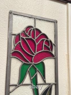 Pair of Vintage Stained Glass Rose Panels Matching Set of 2 Handmade 1970s