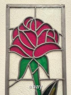 Pair of Vintage Stained Glass Rose Panels Matching Set of 2 Handmade 1970s