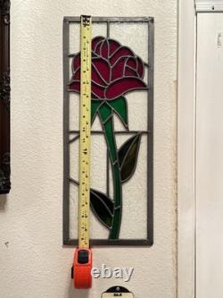 Pair of Vintage Stained Glass Rose Panels Matching Set of 2 Handmade 1970s