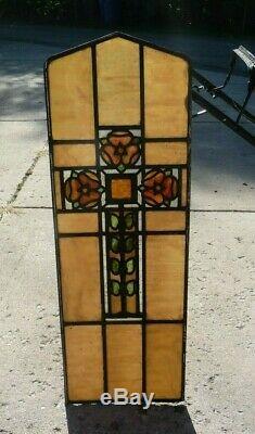 Panel Cross Stained Glass window Church leaded Antique Flower Pattern Antique