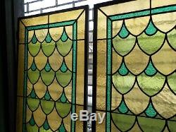 Pr of original large antique art deco stained glass panels in metal frames