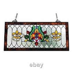 Pub Window Panel Stained Glass Fleur De Lis Handcrafted Hand Cut Hanging Chain