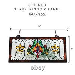 Pub Window Panel Stained Glass Fleur De Lis Handcrafted Hand Cut Hanging Chain