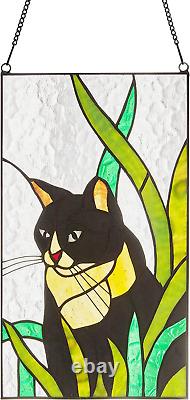 RIVER OF GOODS Tuxedo Cat Stained Glass Window Panel