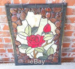 ROSE 18x24 Framed Genuine Agate & Jade Stained Glass Window Panel 190 Pcs $350