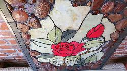 ROSE 18x24 Framed Genuine Agate & Jade Stained Glass Window Panel 190 Pcs $350