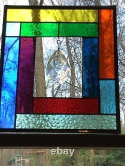 Rainbow Stained Glass Panel With Huge Hanging Crystal
