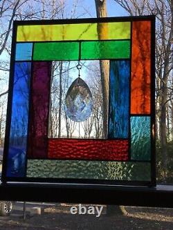 Rainbow Stained Glass Panel With Huge Hanging Crystal