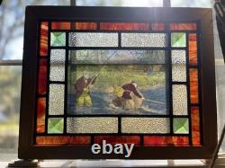 Rare vintage stained glass window panel hanging