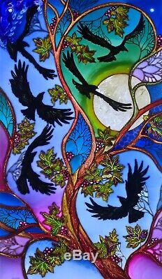 Ravens & the moon Stained glass style original hand painted panels 60cm x 35cm