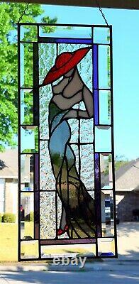 Red Hat Lady Stained Glass Window Panel 10 x 25