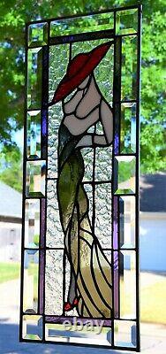 Red Hat Lady Stained Glass Window Panel 10 x 25