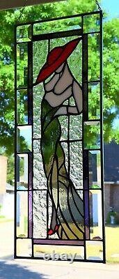 Red Hat Lady Stained Glass Window Panel 10 x 25