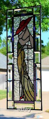 Red Hat Lady Stained Glass Window Panel 10 x 25
