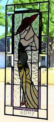 Red Hat Lady Stained Glass Window Panel 10 x 25