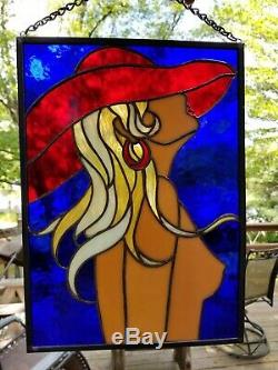 Red Hat Nude Stained Glass Woman Figure Hanging Panel Art Nouveau Female Form