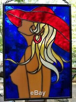 Red Hat Nude Stained Glass Woman Figure Hanging Panel Art Nouveau Female Form