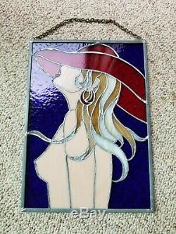 Red Hat Nude Stained Glass Woman Figure Hanging Panel Art Nouveau Female Form