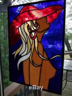 Red Hat Nude Stained Glass Woman Figure Hanging Panel Art Nouveau Female Form