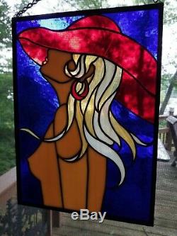 Red Hat Nude Stained Glass Woman Figure Hanging Panel Art Nouveau Female Form