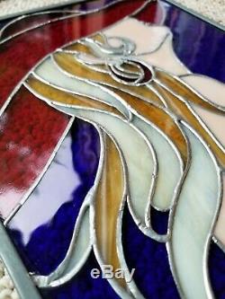 Red Hat Nude Stained Glass Woman Figure Hanging Panel Art Nouveau Female Form