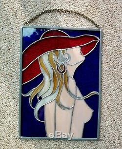 Red Hat Nude Stained Glass Woman Figure Hanging Panel Art Nouveau Female Form