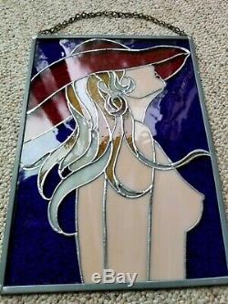 Red Hat Nude Stained Glass Woman Figure Hanging Panel Art Nouveau Female Form