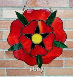 Red Rose Stained Glass Window Panel 8.5 Inch Bright Flower Suncatcher