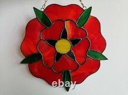 Red Rose Stained Glass Window Panel 8.5 Inch Bright Flower Suncatcher