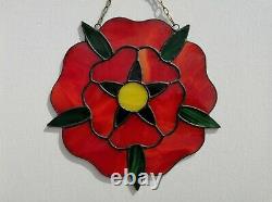 Red Rose Stained Glass Window Panel 8.5 Inch Bright Flower Suncatcher