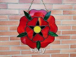 Red Rose Stained Glass Window Panel 8.5 Inch Bright Flower Suncatcher
