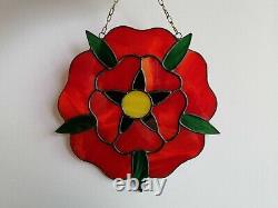 Red Rose Stained Glass Window Panel 8.5 Inch Bright Flower Suncatcher