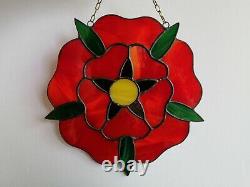 Red Rose Stained Glass Window Panel 8.5 Inch Bright Flower Suncatcher