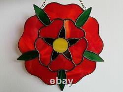 Red Rose Stained Glass Window Panel 8.5 Inch Bright Flower Suncatcher