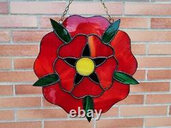 Red Rose Stained Glass Window Panel 8.5 Inch Bright Flower Suncatcher