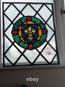 Renovated 1920's Large Hand Painted Stained Glass Window Panel 47.5 x 59 cm