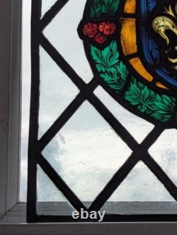 Renovated 1920's Large Hand Painted Stained Glass Window Panel 47.5 x 59 cm