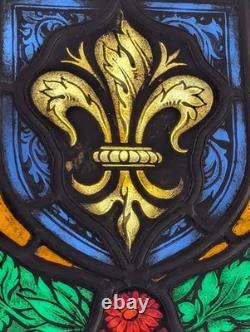 Renovated 1920's Large Hand Painted Stained Glass Window Panel 47.5 x 59 cm