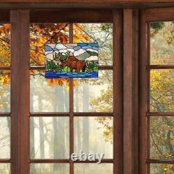 River of Goods Stained Glass Window Panel Mountainscape Moose Multicolored