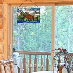River of Goods Stained Glass Window Panel Mountainscape Moose Multicolored