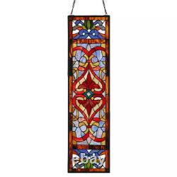 River of Goods Stained Glass Window Panel Red Victorian Fleur De Lis 36 in. H